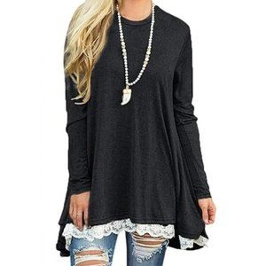 Wekili XL Black Long Sleeve Tunic Top White Lace Hem Scoop Neck *NEW*